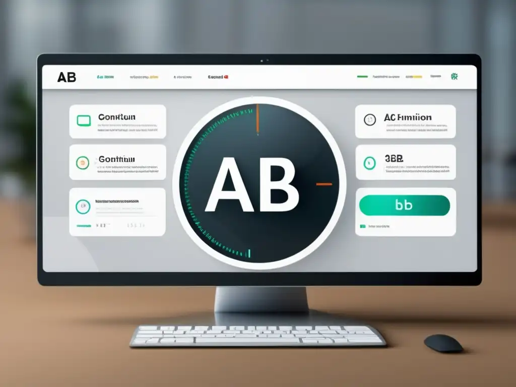 Interfaz de prueba A/B y optimización continua Interfaz digital minimalista con A/B testing y optimización de conversiones en marketing de afiliados
