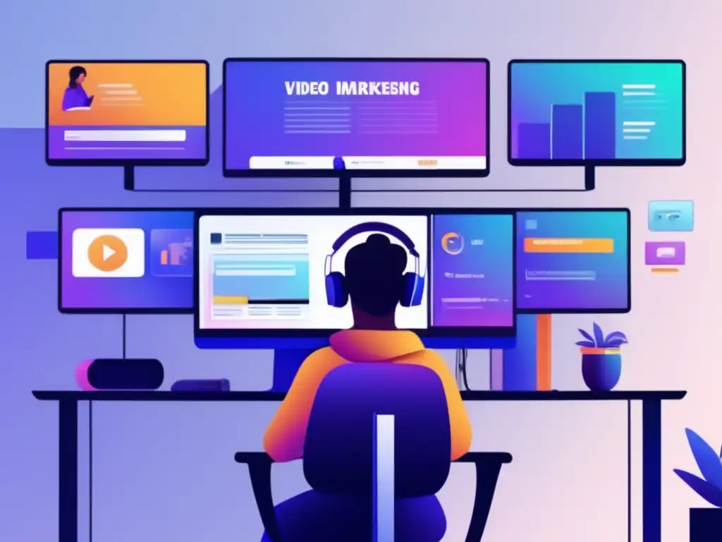 Persona analizando videos en escritorio moderno Persona concentrada en la mesa con múltiples pantallas mostrando videos, representando las tendencias en el marketing de afiliados