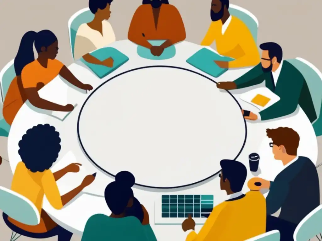 Grupo diverso colaborando y compartiendo conocimiento Mesa redonda colaborativa de afiliados éticos: diversidad, conocimiento y profesionalismo