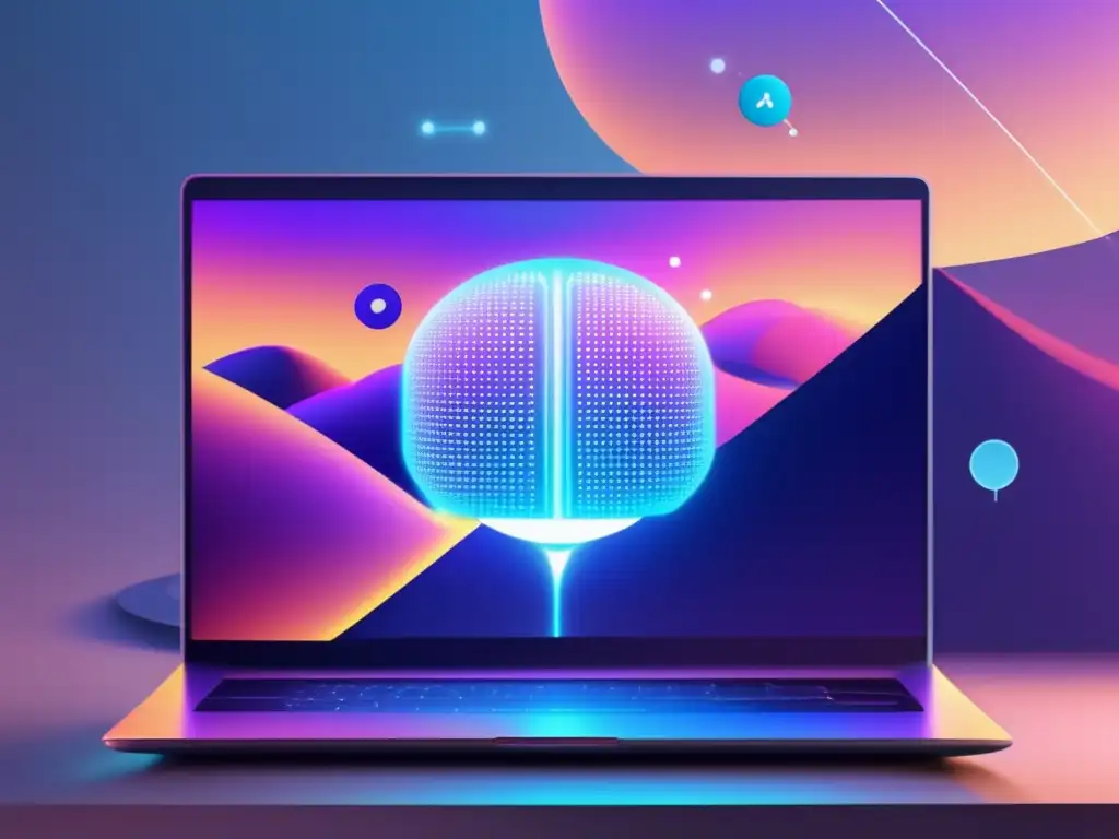 Imagen de alta resolución de IA, chatbots y AR en laptop Laptop muestra IA, chatbot y AR en marketing de afiliados