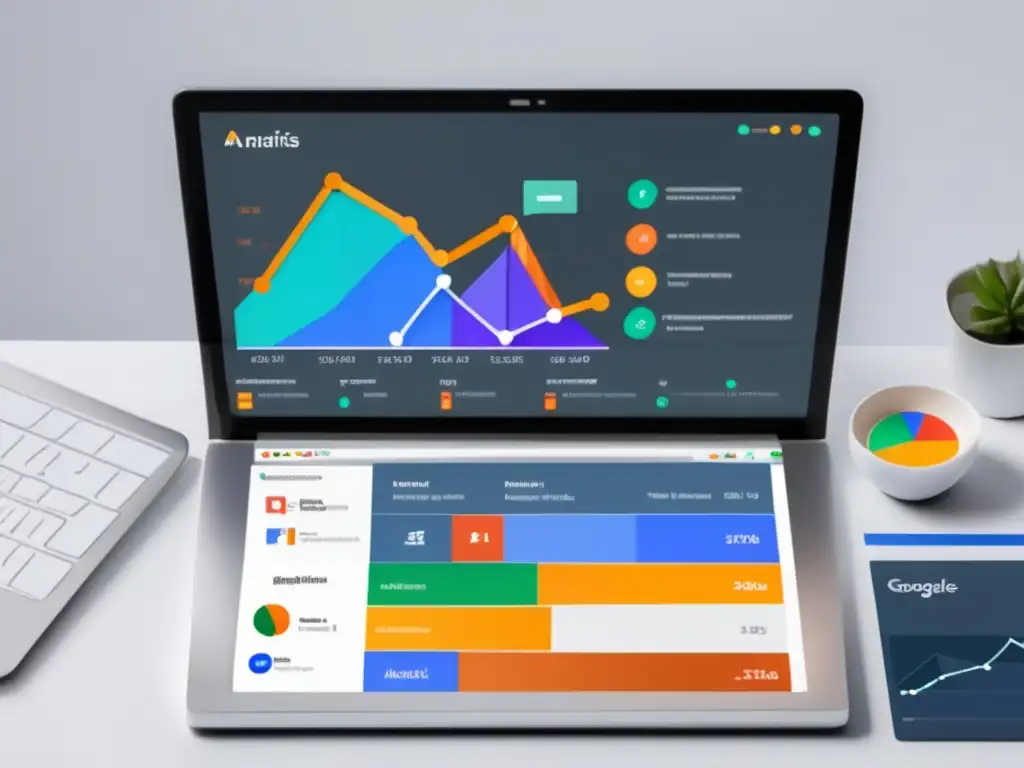 Herramientas de análisis de marketing: Google Analytics, Ahrefs y SEMrush Laptop con herramientas de marketing de afiliados y gráficos