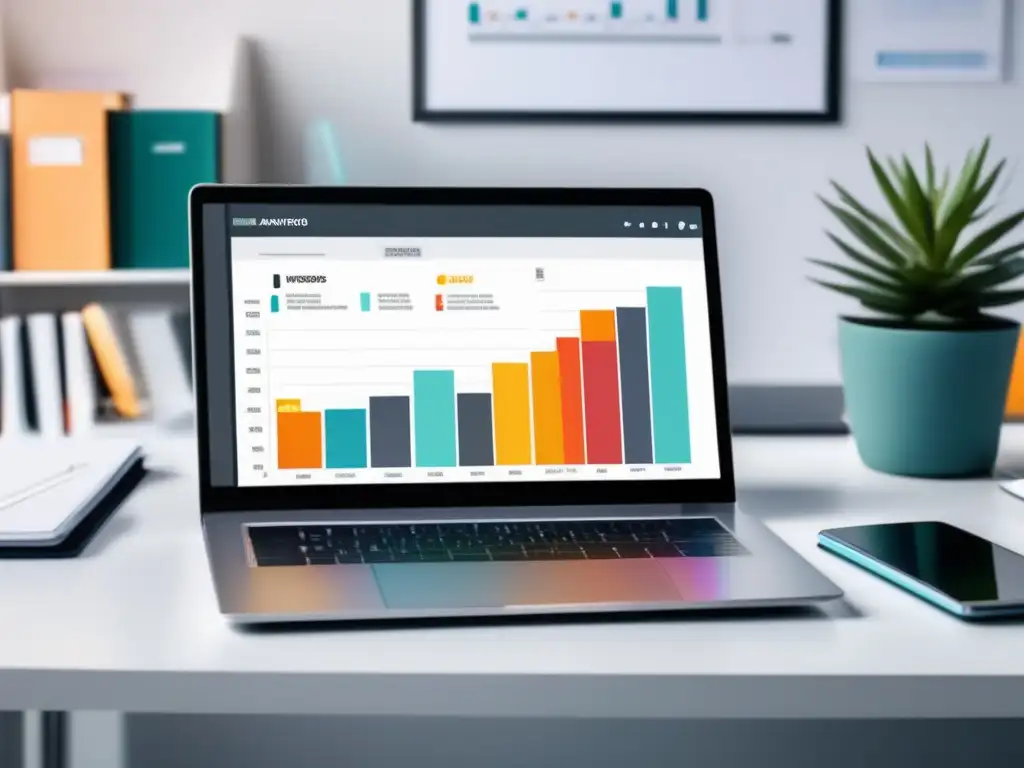 Análisis de palabras clave para marketing de afiliados Laptop moderno en escritorio blanco con análisis de palabras clave para marketing de afiliados