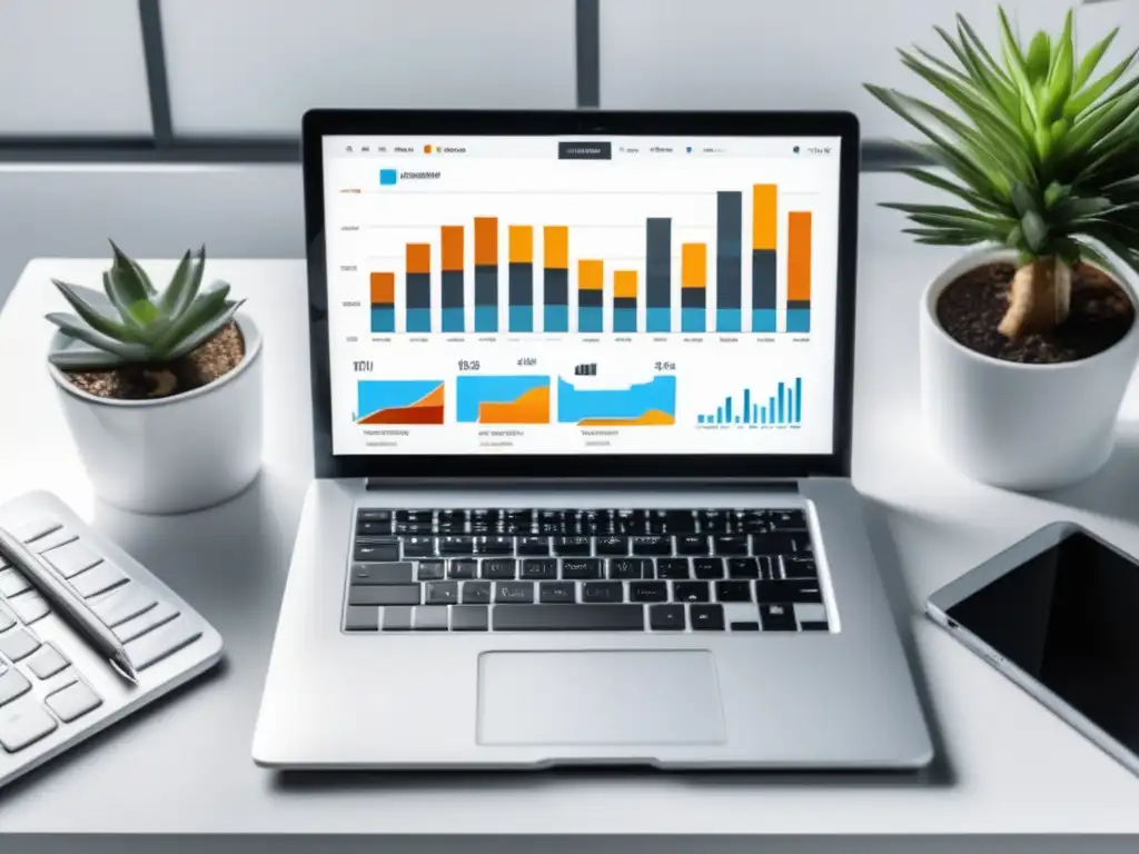 Laptop en escritorio blanco con gráfico de marketing de afiliados Laptop en escritorio blanco con gráfico y teclado, conceptos básicos marketing de afiliados