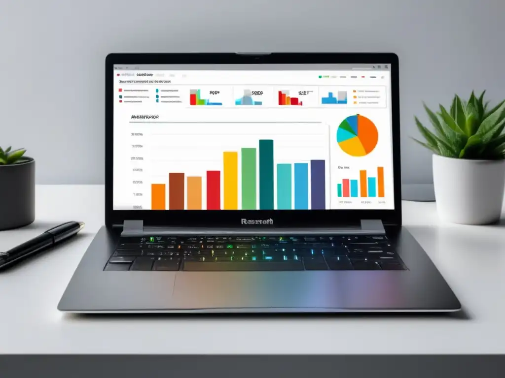 Escritorio limpio con laptop moderna Laptop moderno en escritorio blanco con herramienta de análisis de palabras clave para marketing de afiliados