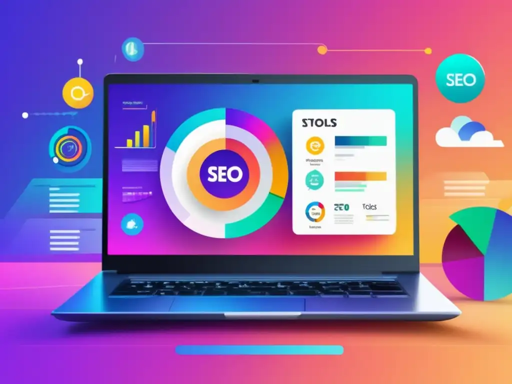 Herramientas de SEO para afiliados en una laptop moderna y minimalista, con gráficos y análisis de palabras clave