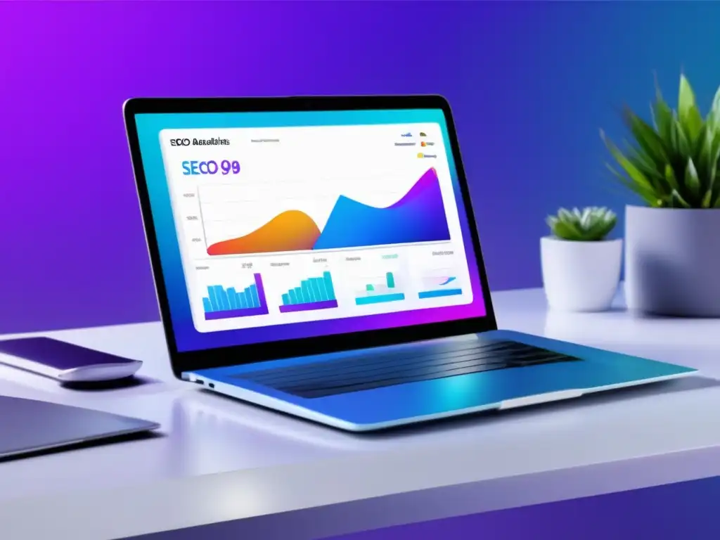 Escritorio minimalista con laptop y análisis SEO Herramientas SEO para marketing de afiliados en un entorno moderno y minimalista
