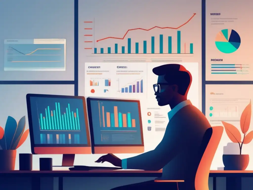 Persona analizando datos en escritorio Persona analizando datos en una oficina, gráficos y datos en pantalla