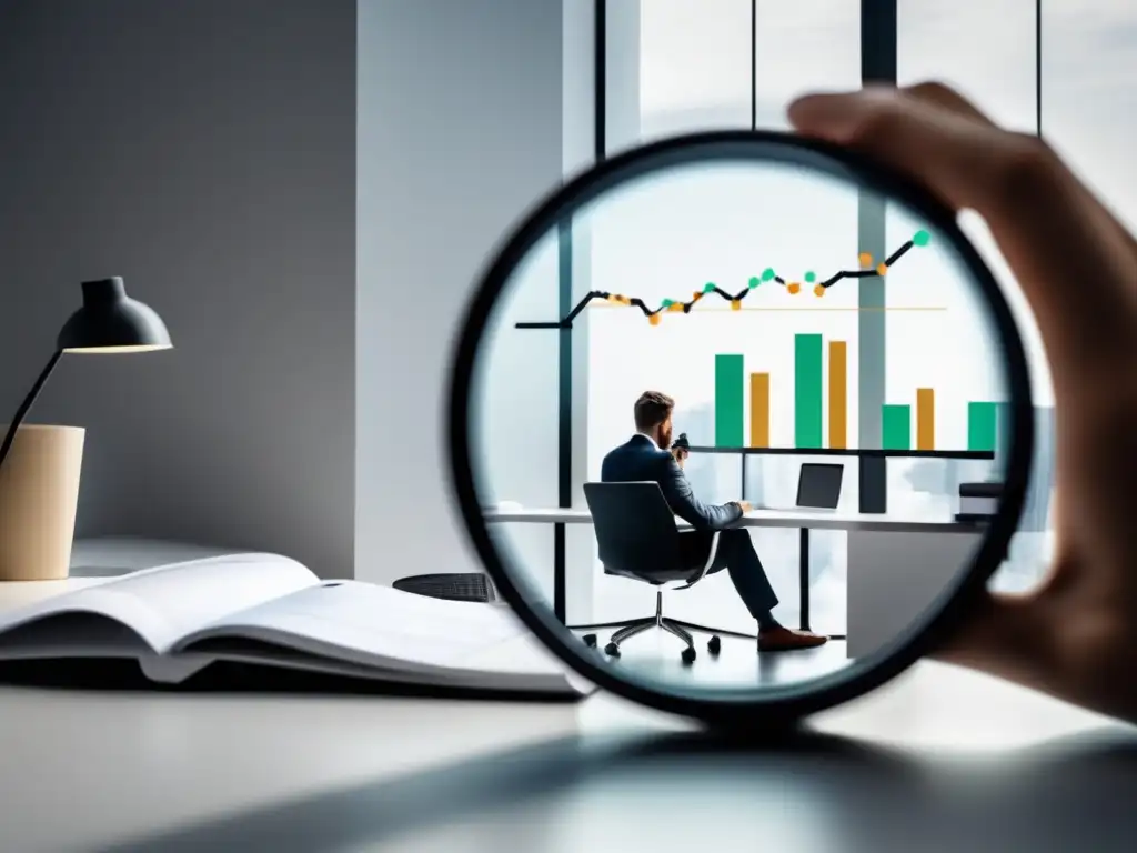 Analista de mercado con lupa Persona analizando tendencias y competencia con una lupa en un espacio minimalista y moderno