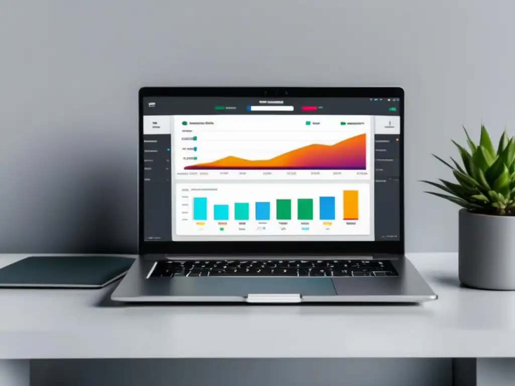 Análisis de datos y gráficos de conversión en una laptop moderna Laptop con gráficos de análisis y seguimiento de conversiones, profesional y sofisticado