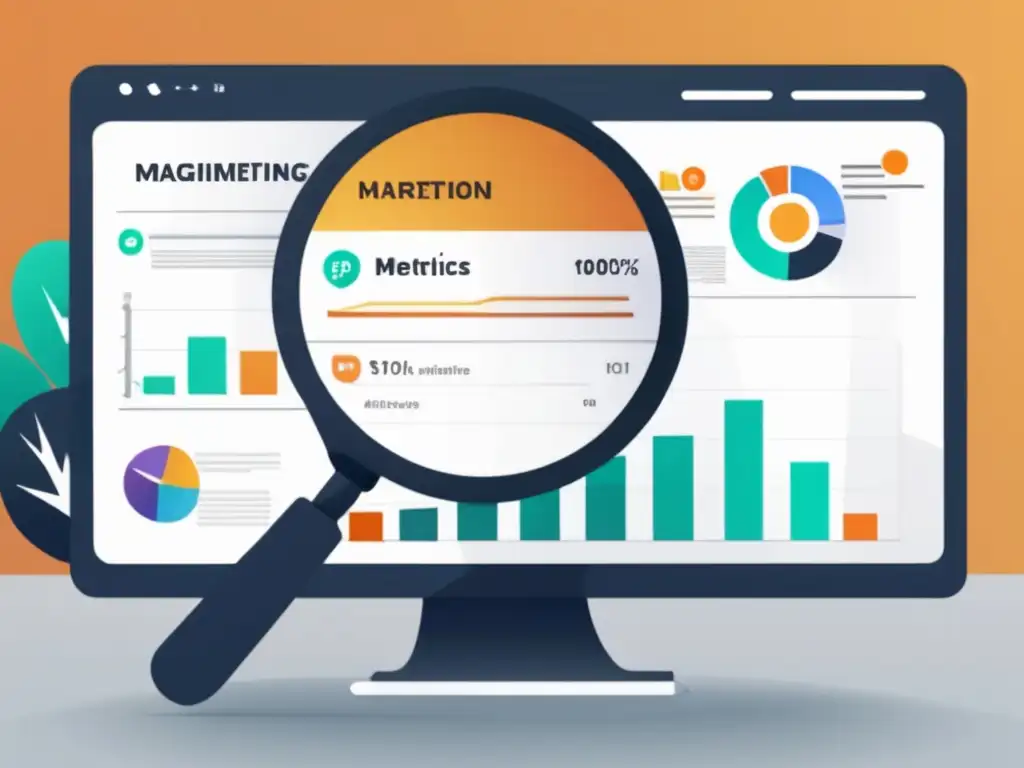 Análisis de métricas en marketing de afiliación Magnifying glass analyzing key metrics to enhance affiliate marketing conversions