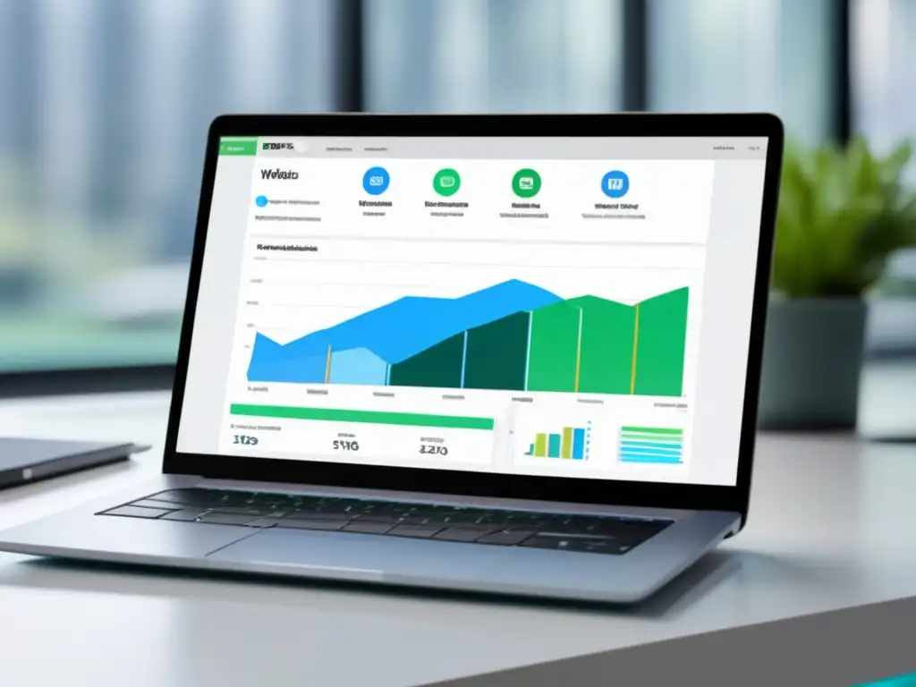 Laptop SEO: Analytics y métricas de alto rendimiento Laptop moderno con pantalla vibrante y métricas de SEO para afiliados de alto rendimiento