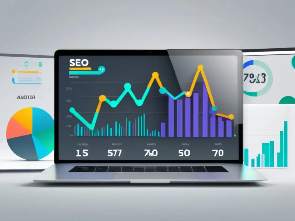 Estadísticas SEO y métricas Laptop moderno muestra gráfica de SEO con éxito en marketing de afiliados