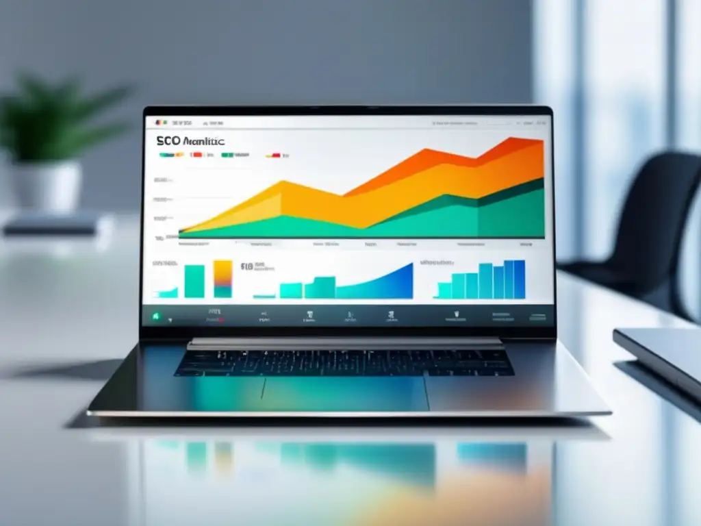 Laptop SEO con métricas y análisis Laptop minimalista con pantalla vibrante mostrando métricas SEO y análisis - Claves fundamentales SEO en el marketing de afiliados