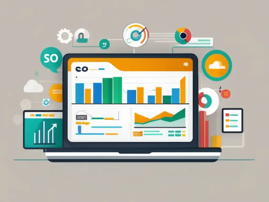 Éxito en SEO con análisis y métricas Laptop muestra éxito SEO, ranking de palabras clave, tráfico web, iconos de redes sociales y comunidad en imagen de marketing de afiliados