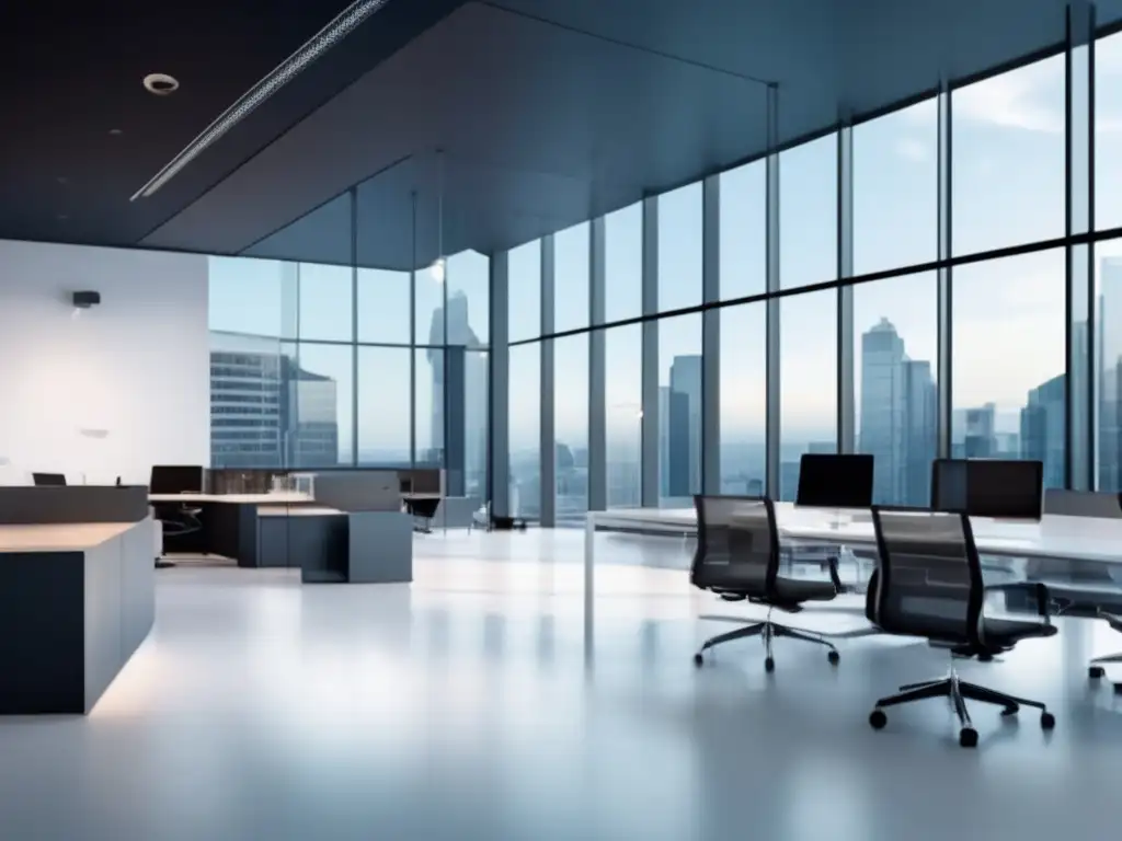 Oficina moderna con vista a la ciudad Imagen: Oficina minimalista con vista a la ciudad, reflejando las últimas tendencias en marketing de afiliados