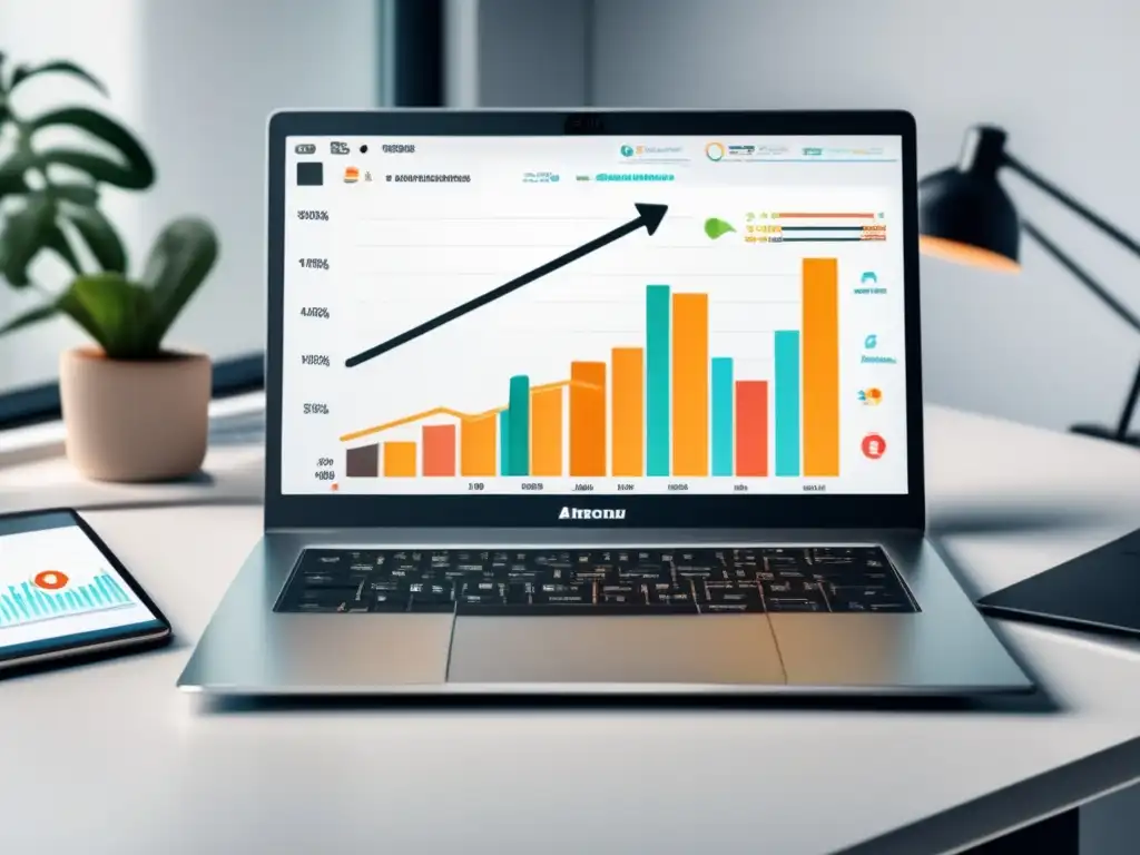 Laptop minimalista con gráfica de ganancias Laptop minimalista en escritorio blanco, gráfica de ganancias afiliadas y elementos SEO para aumentar ganancias