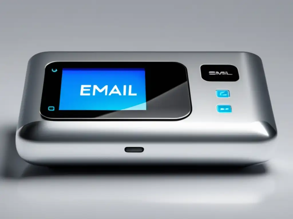 Autoresponder de plata moderno y elegante Autoresponder en el marketing de afiliados: dispositivo plateado y minimalista con pantalla y botón azul