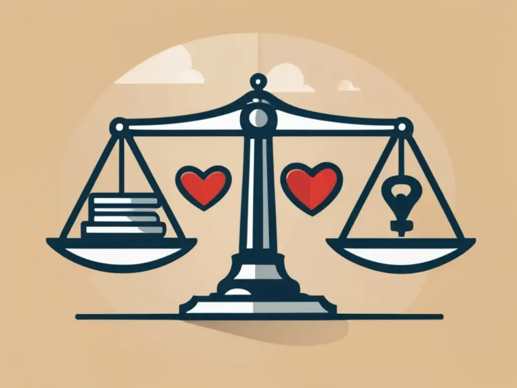 Balanza ética y legal de programas afiliados Ilustración minimalista y moderna de una balanza con íconos que representan los aspectos éticos y legales del marketing de afiliados