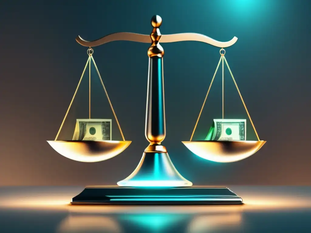 Justicia y cumplimiento: El equilibrio en el marketing de afiliación Escala de vidrio transparente con dinero y documentos legales, simbolizando las leyes de marketing de afiliados y el éxito equilibrado