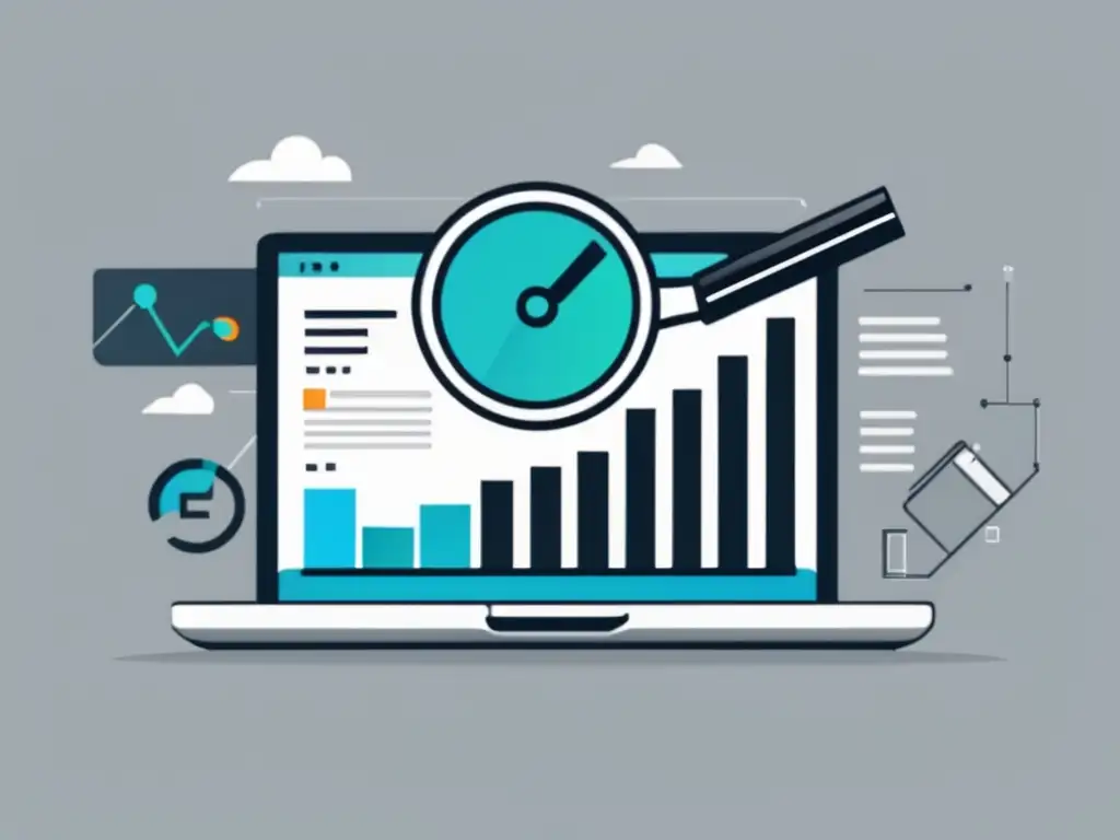 Beneficios de SEO en marketing de afiliados Ilustración minimalista de una lupa sobre laptop con gráfico de tendencia positiva: ventajas del SEO en marketing afiliados