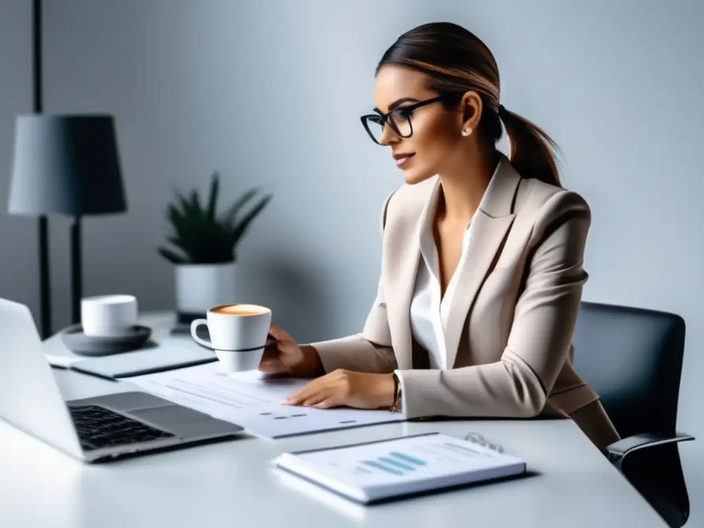 Mujer de negocios en oficina moderna Mujer de negocios en oficina minimalista estudiando estrategias exitosas de marketing de afiliados