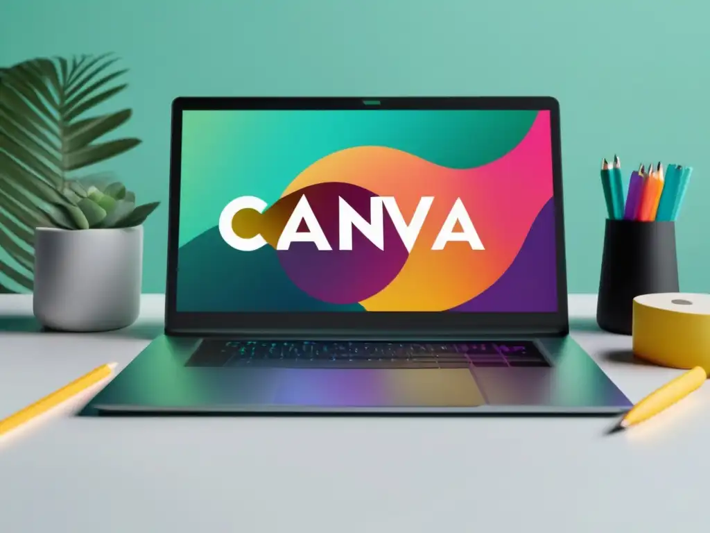 Laptop Canva: Diseño moderno y profesional Laptop Canva con diseño creativo y elementos vibrantes, mostrando estrategias de marketing de afiliados