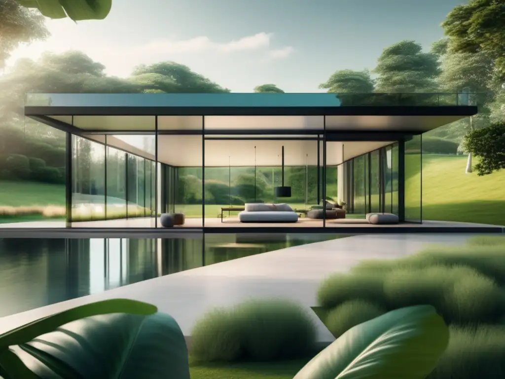 Casa de vidrio transparente en paisaje verde Ultradetallada casa de cristal en paisaje verde, representa transparencia y honestidad en marketing de afiliados