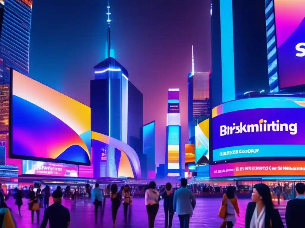 Ciudad nocturna vibrante con rascacielos y marketing de afiliados Ciudad nocturna con rascacielos y vallas digitales, reflejando la industria de afiliados y estrategias para aumentar ingresos