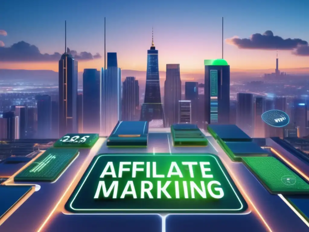Ciudad futurista con iconos de marketing de afiliados Estrategias de SEO para afiliados en un mercado saturado