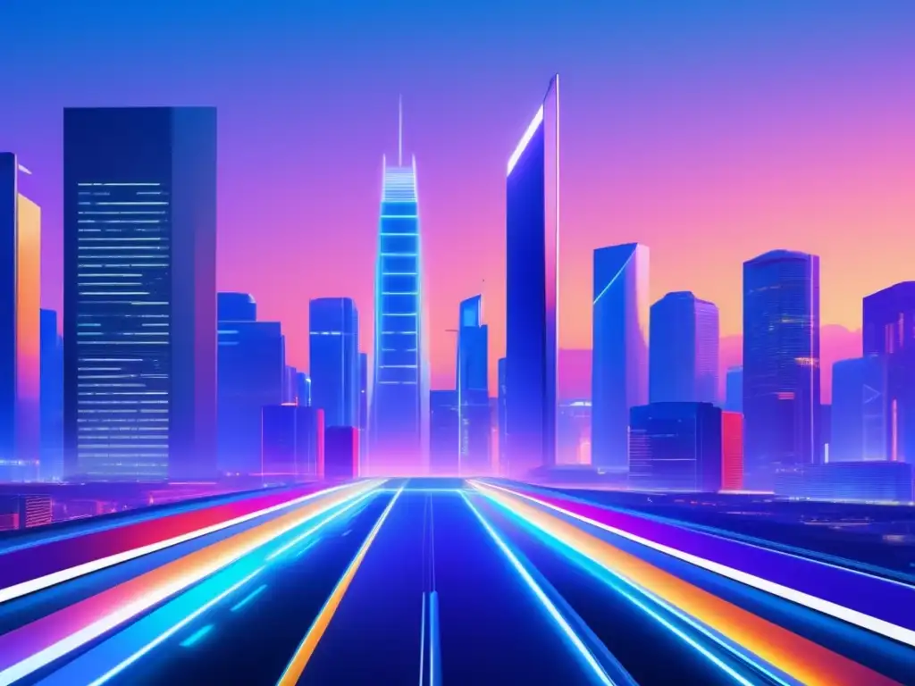 Futurista ciudad con afiliados Herramientas de marketing de afiliados en una ciudad futurista con rascacielos, billboards digitales y contenido de calidad