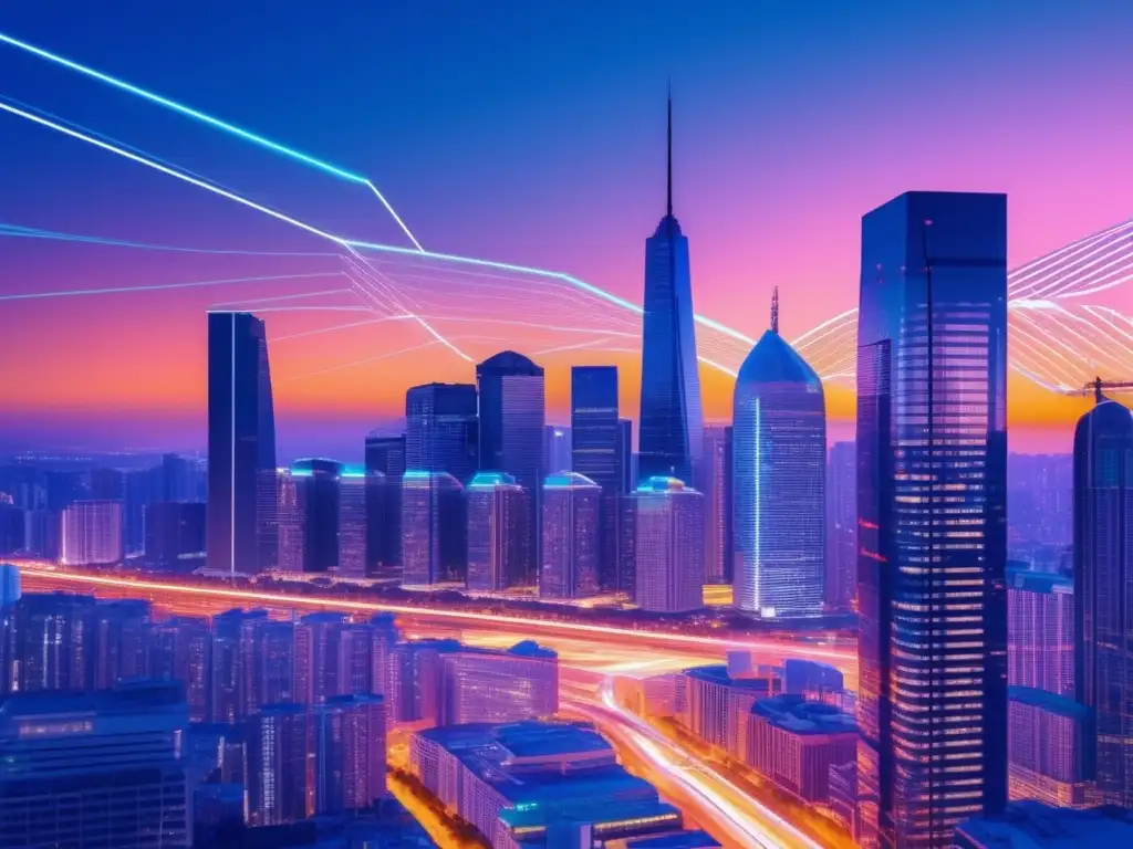Ciudad futurista con rascacielos y datos Futurista ciudad con rascacielos y líneas brillantes representando técnicas de análisis de datos para predecir tendencias en el marketing de afiliados