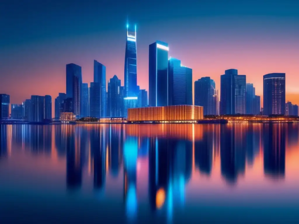 Futurista ciudad nocturna con rascacielos iluminados Ciudad futurista nocturna con rascacielos elegantes y ventanales iluminados reflejándose en un tranquilo cuerpo de agua