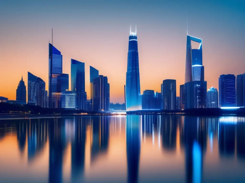 Ciudad futurista con rascacielos brillantes Ciudad futurista y minimalista con rascacielos impresionantes y luces deslumbrantes reflejadas en fachadas de vidrio