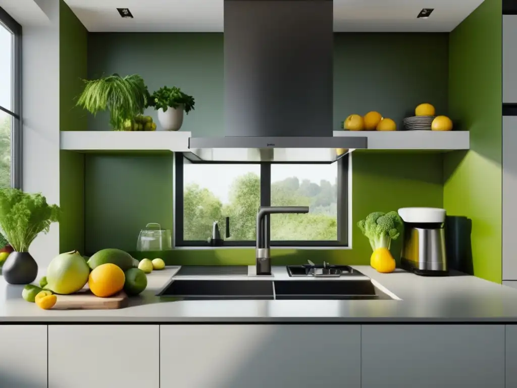 Cocina minimalista con frutas y verduras frescas Cocina minimalista con electrodomésticos modernos, frutas y verduras frescas y colores vibrantes