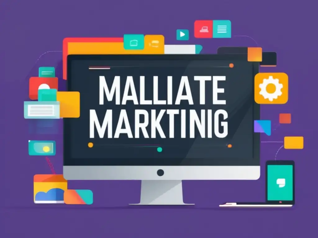 Herramientas de marketing de afiliados modernas Ilustración minimalista de una pantalla de ordenador con múltiples pestañas de herramientas de marketing de afiliados