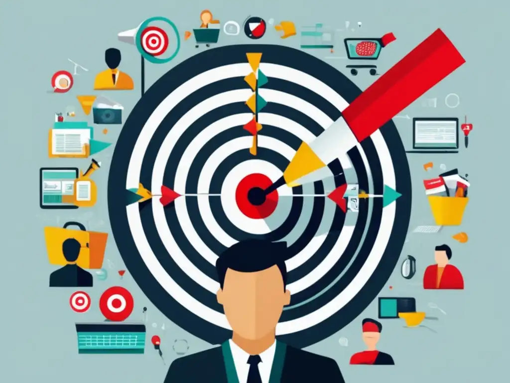 Consecuencias de contenido irrelevante Estrategias para marketing de afiliados: Ilustración de audiencia objetivo rodeada de productos irrelevantes y contenido de baja calidad
