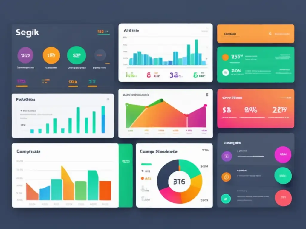 Dashboard de datos segmentados Tablero moderno y intuitivo con gráficos vibrantes y datos detallados sobre segmentación en campañas de afiliados