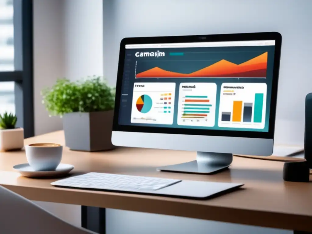 Análisis de datos en un espacio de trabajo minimalista Espacio de trabajo minimalista con monitor mostrando dashboard de análisis de datos para optimización de marketing de afiliados y ciencia de datos