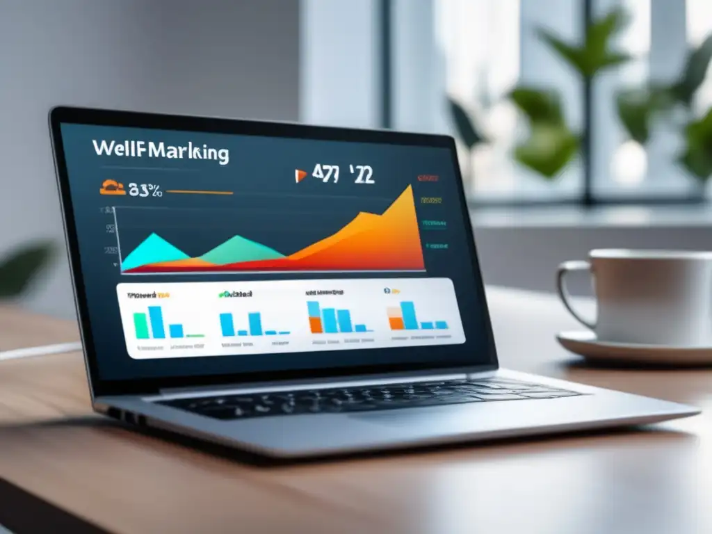 Laptop moderno con dashboard de marketing de afiliados Laptop moderno en un escritorio blanco con dashboard de marketing de afiliados eficiente y sofisticado