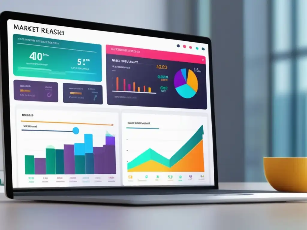 Panel de investigación de mercado Pantalla de ordenador moderna con dashboard de investigación de mercado, gráficos y métricas