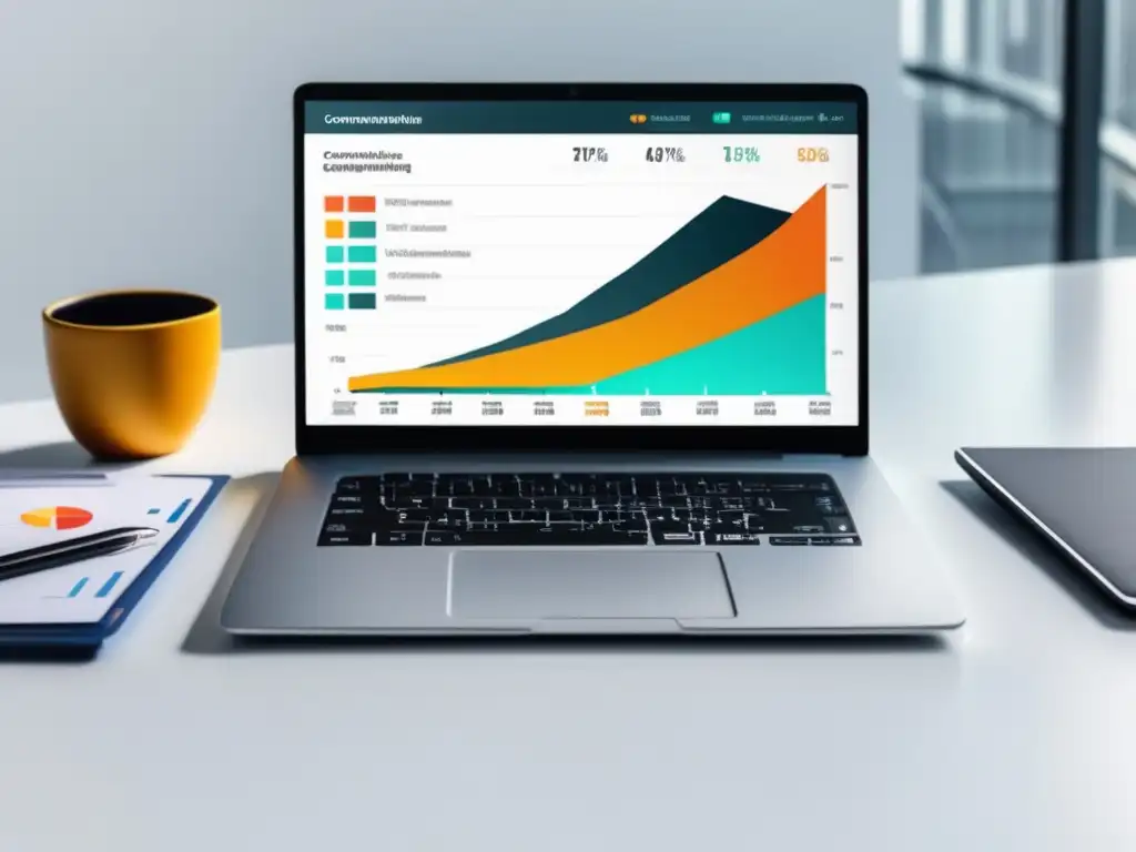 Dashboard de marketing de afiliados Laptop en escritorio blanco con dashboard de métricas y análisis para mejorar conversiones en marketing de afiliados