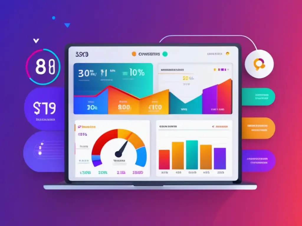 Dashboard moderno y colorido para mejorar conversiones Dashboard digital minimalista con métricas clave para mejorar conversiones en marketing de afiliados