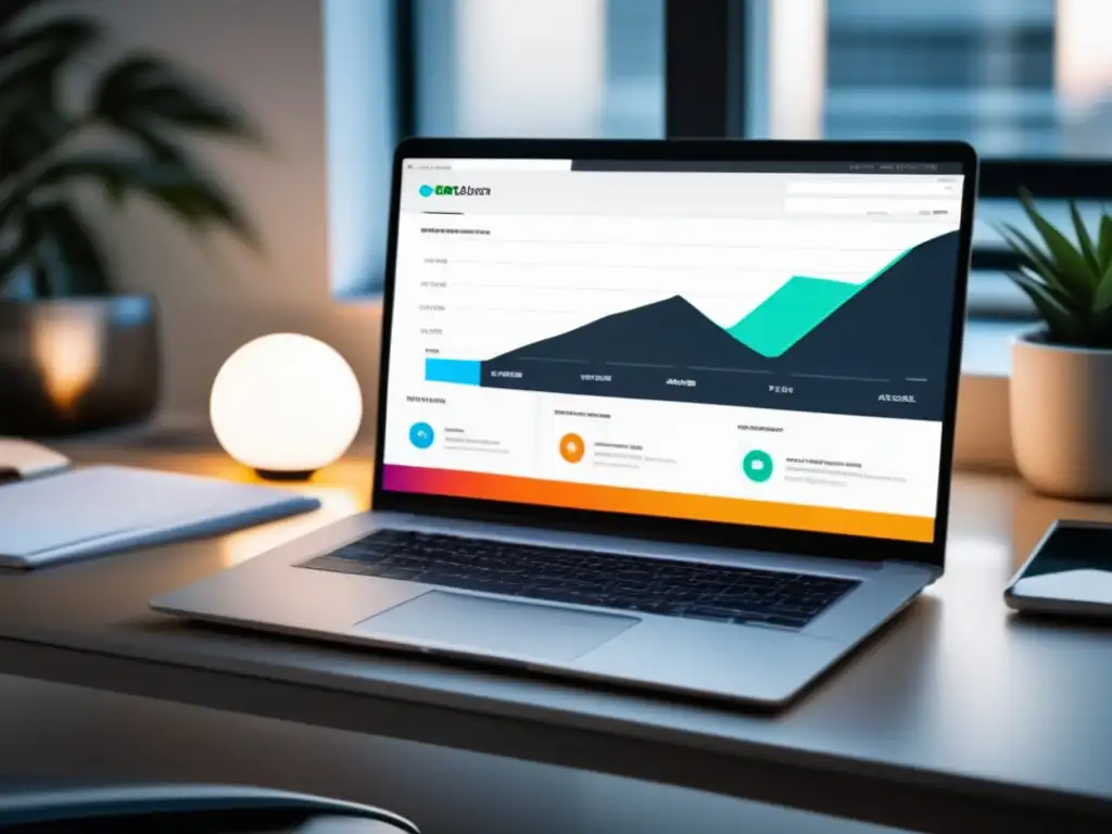 Espacio de trabajo moderno con herramientas de marketing de afiliación Espacio de trabajo moderno con escritorio blanco y portátil plateado mostrando herramientas de afiliados