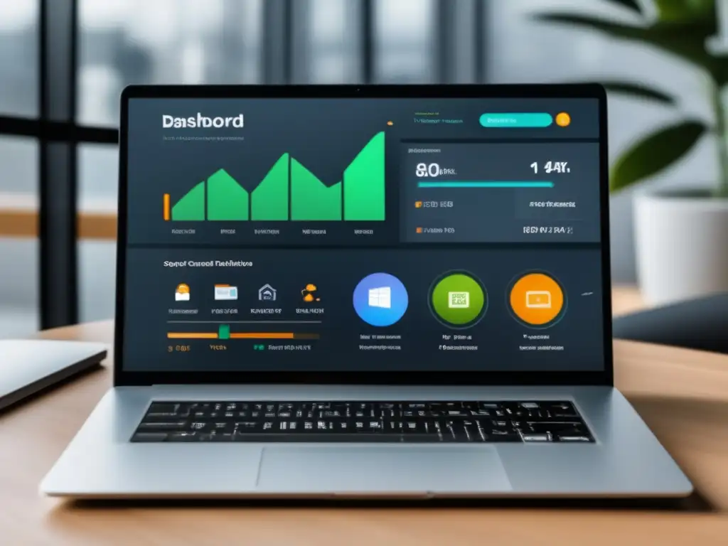 Dashboard de SEO eficiente y profesional Laptop moderno y minimalista con dashboard SEO, técnicas de SEO para aumentar ingresos con el marketing de afiliados