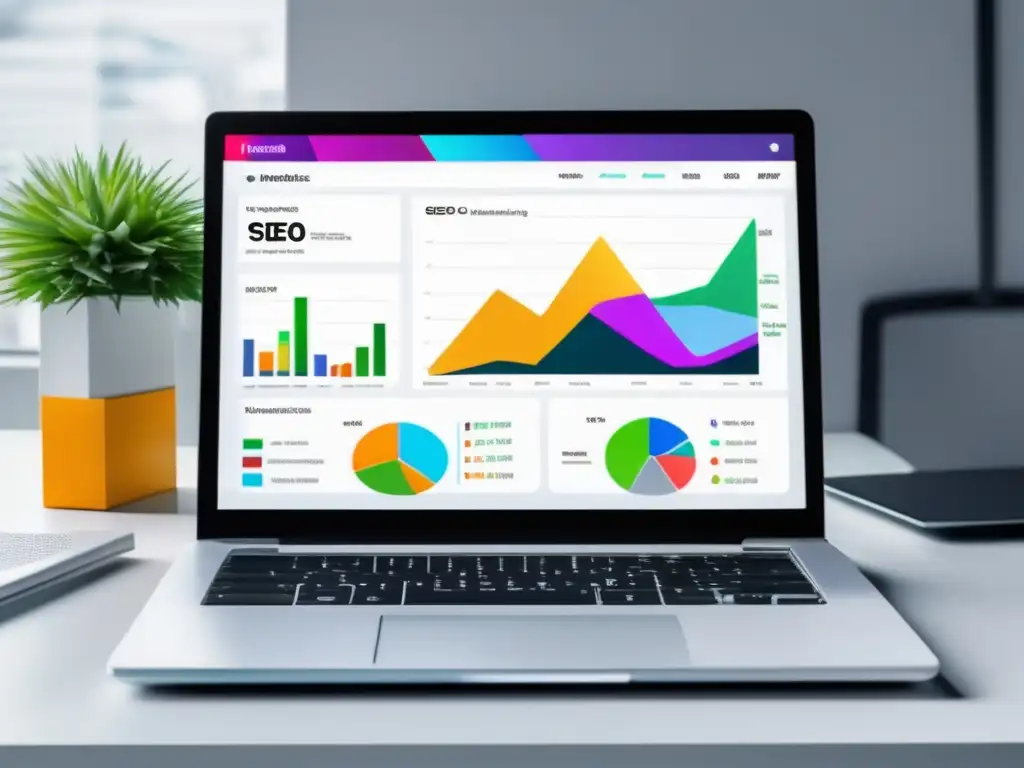 Laptop con dashboard de SEO Laptop moderno con dashboard de herramientas SEO para marketing de afiliados