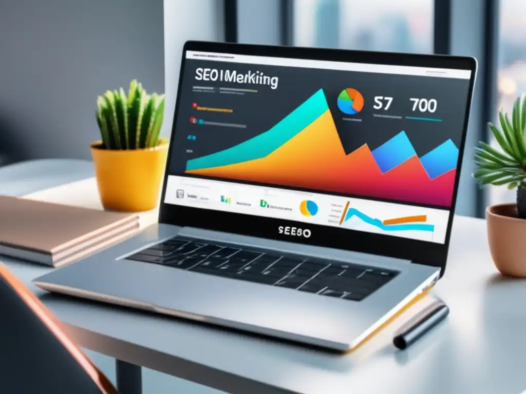 Laptop SEO minimalista con dashboard vibrante Laptop con dashboard de marketing digital en 8k, tácticas de marketing de afiliados efectivas