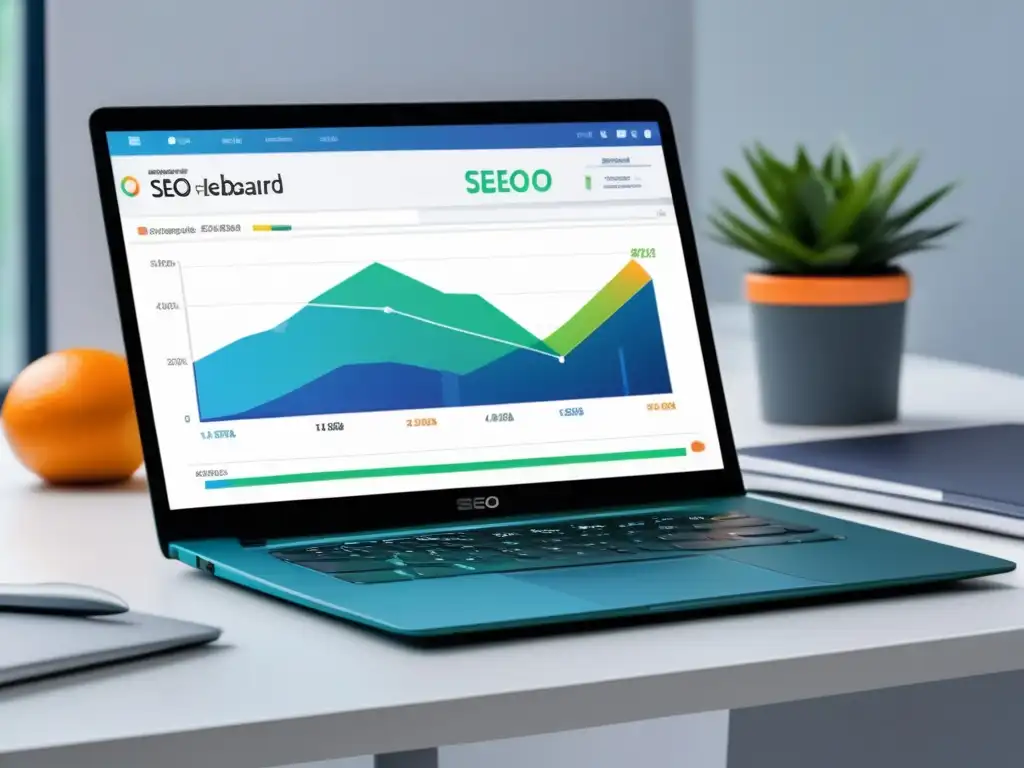 Laptop moderno con dashboard SEO dinámico Laptop moderno en un escritorio blanco con dashboard de SEO