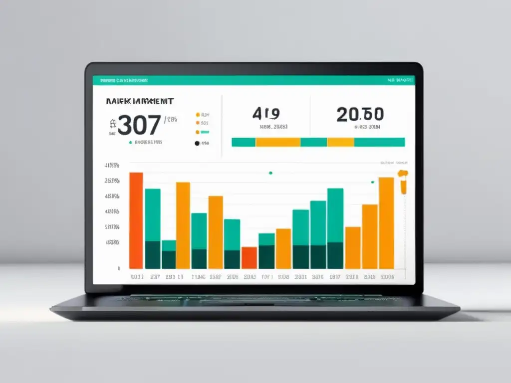 Laptop moderno con visualización de datos vibrante Laptop moderno con visualización de métricas clave para ROI en marketing de afiliados
