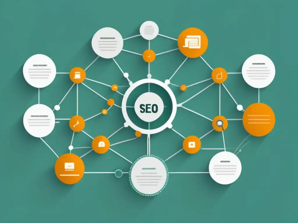 Estructura web: SEO y estrategias Ilustración minimalista y moderna de una estructura web con nodos y líneas interconectadas, representando una red compleja