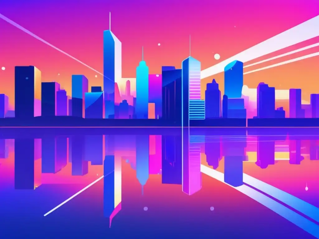 Paisaje digital vibrante con rascacielos reflejando colores del atardecer Herramientas de SEO para marketers de afiliados en un paisaje digital vibrante